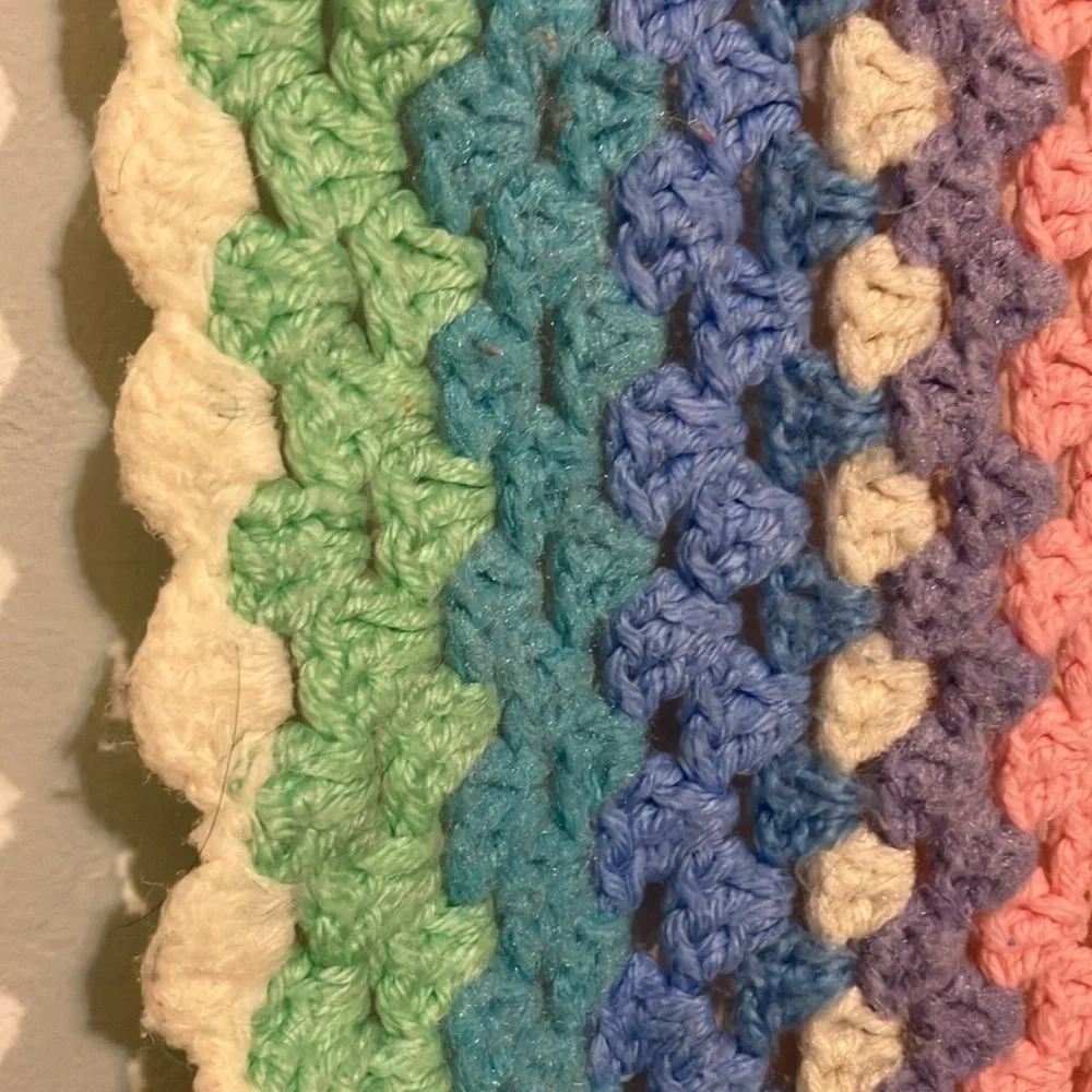 Wool crochet lap blanket in pastels 36 x 36”